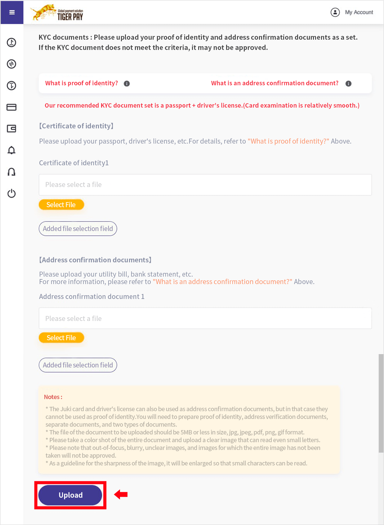 Upload proof of identity and address confirmation documents from [Select File] as KYC documents.面