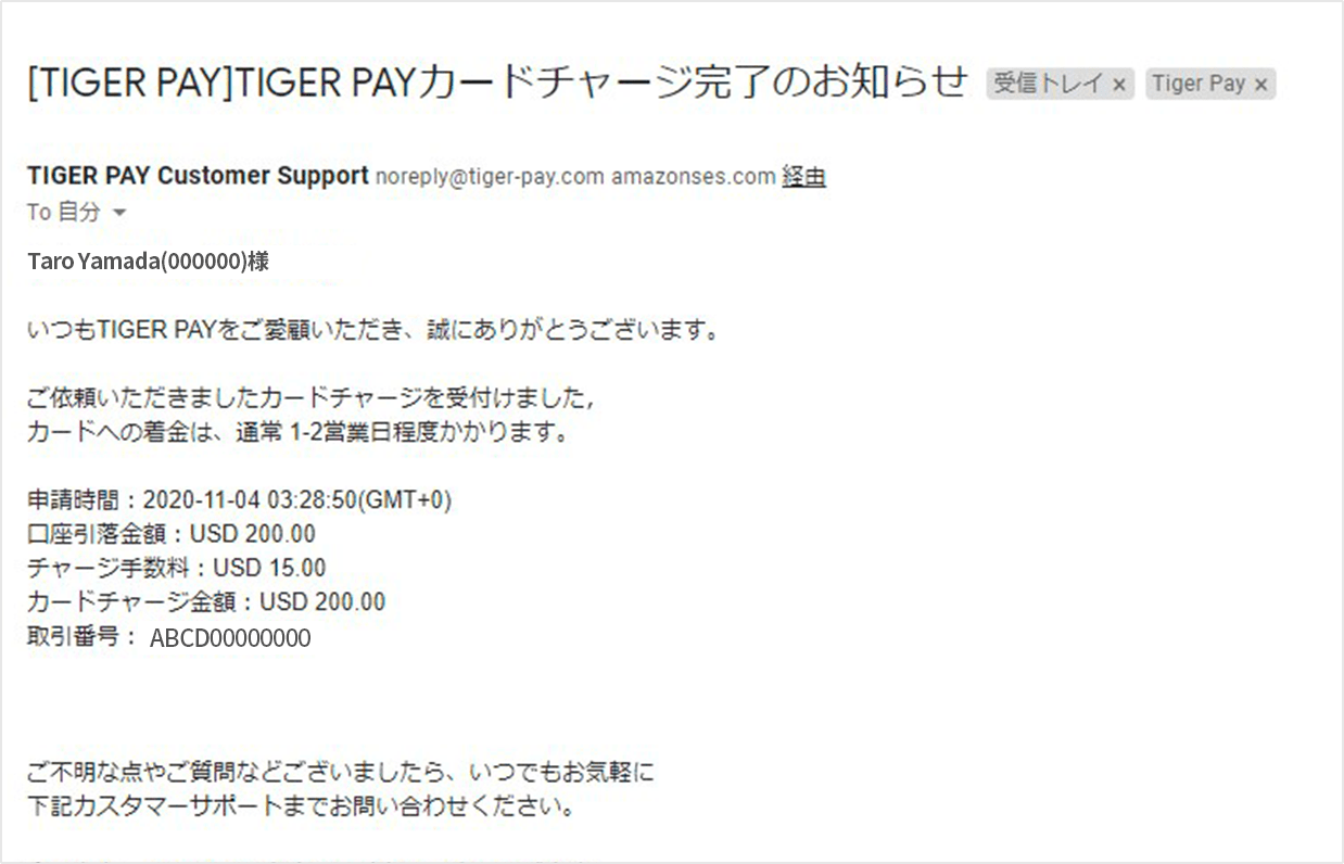 カードチャージ完了のお知らせメール